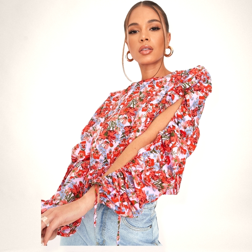 MISSGUIDED purple floral print open balloon sleeve blouse 6